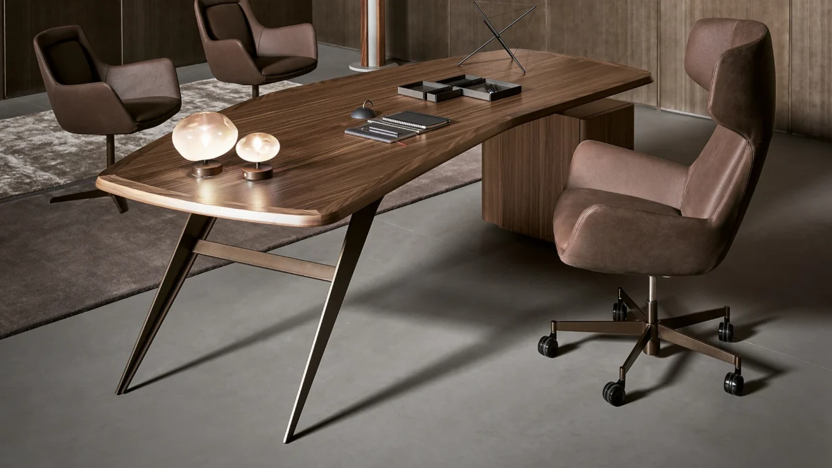 High-end designer desk Diver by Bonaldo with curved wood surface and integrated drawers – Italian craftsmanship at its best