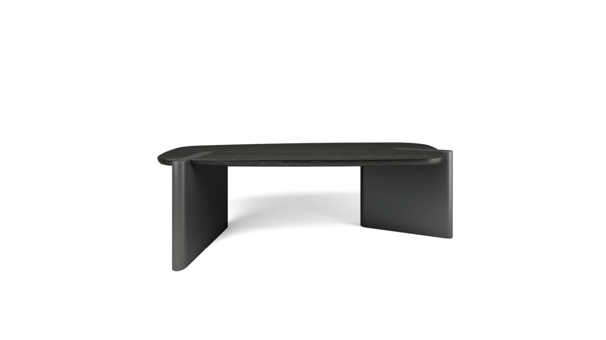 Bonaldo Flatiron executive desk in brushed coal oak with matte lead‑finish structural inserts and cable management slot