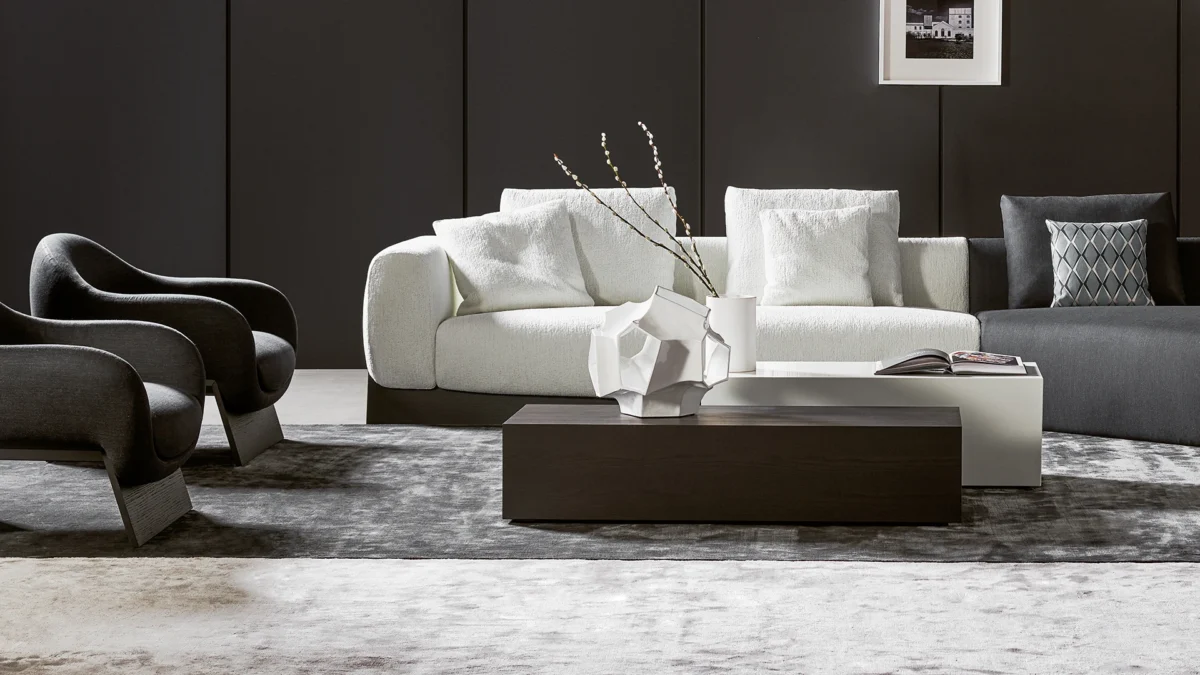 Bonaldo Litos coffee table high in glossy white lacquered finish with trapezoidal geometry and monolithic aesthetic