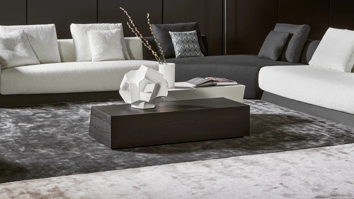 Modern Litos coffee table by Bonaldo, engineered wood in Canaletto walnut finish, available in low and high trapezoid silhouettes