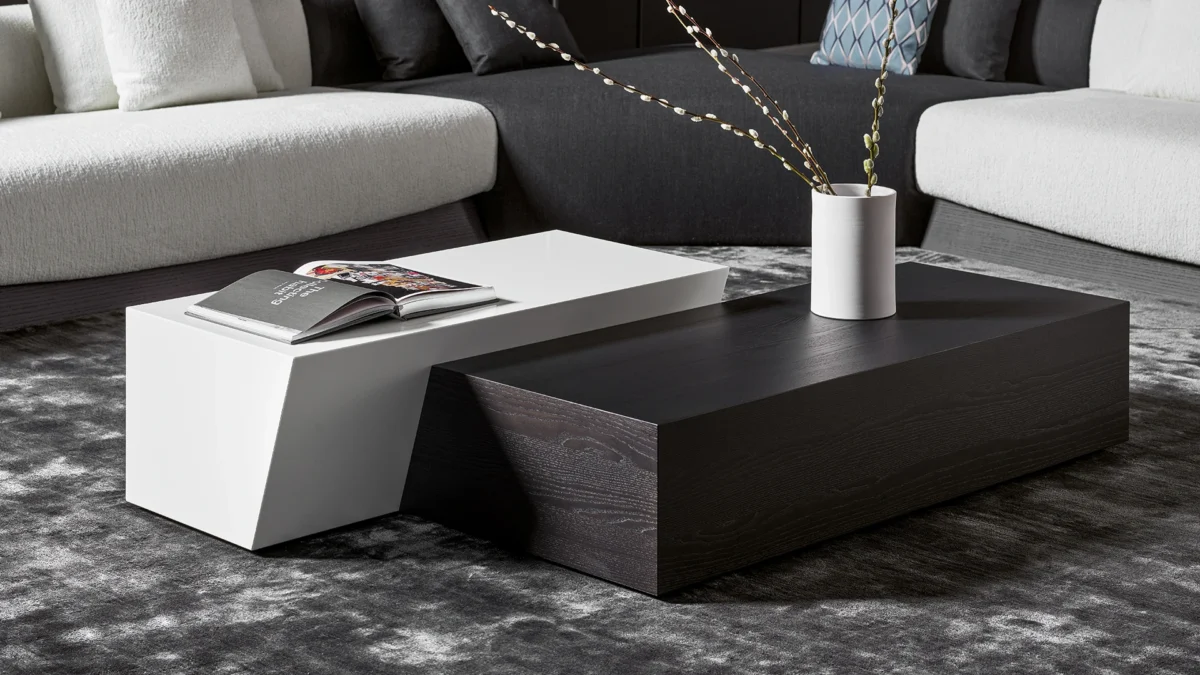 Contemporary Bonaldo Litos coffee tables by Giuseppe Viganò—matching monolithic trapezoidal shapes in lacquered or veneered wood