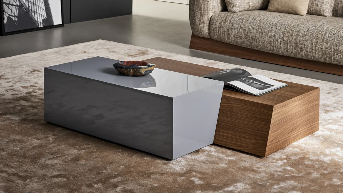 Bonaldo Litos coffee table high version in glossy light grey lacquered wood, minimal compact structure with trapezoidal geometry