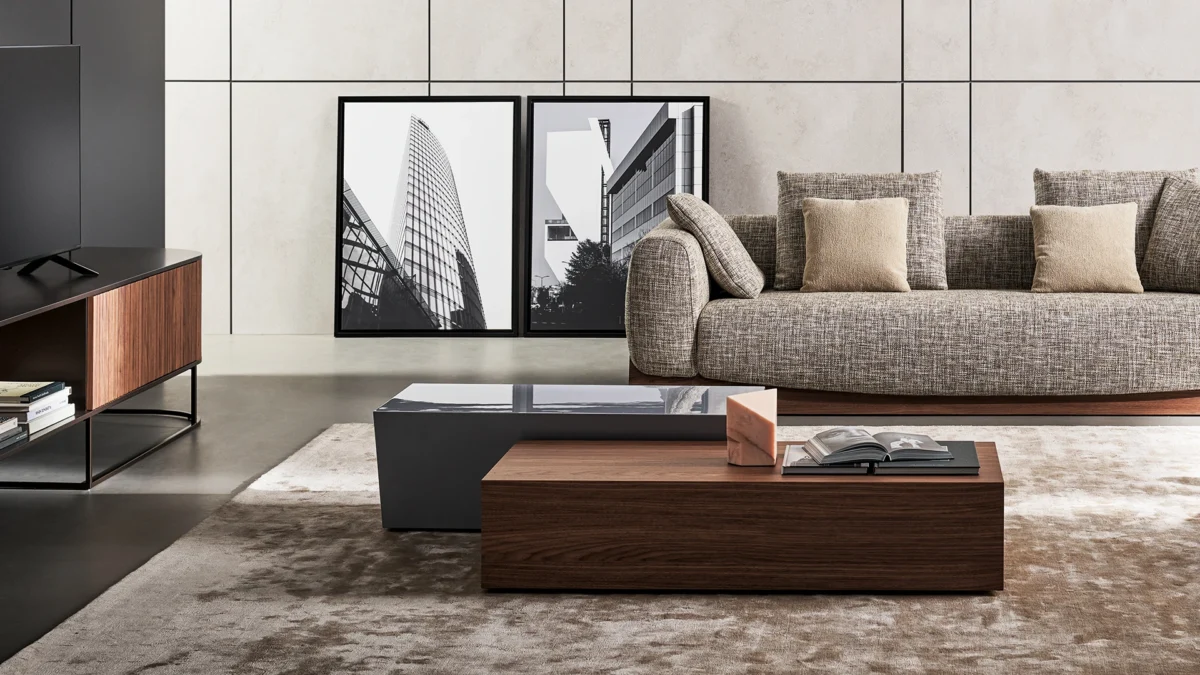 Bonaldo Litos coffee table high version in glossy light grey lacquered wood, minimal compact structure with trapezoidal geometry