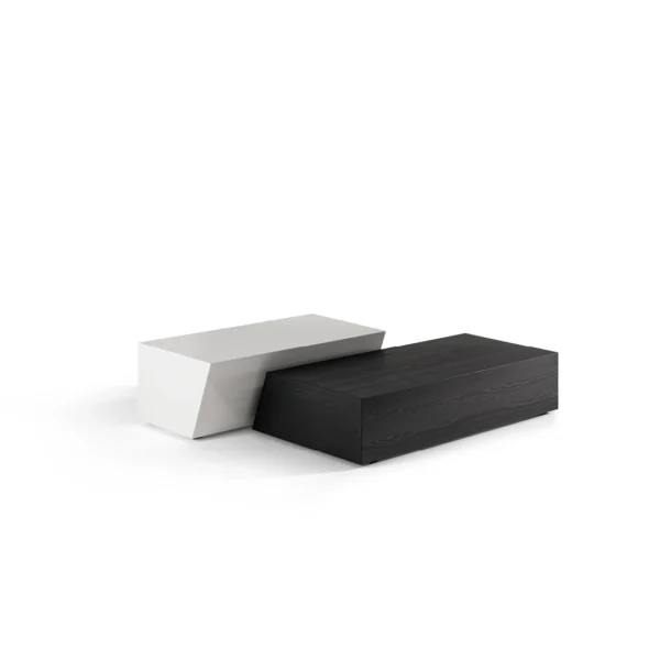 Bonaldo Litos low coffee table in coal ash veneer wood—monolithic trapezoidal design with no voids for sculptural minimalism