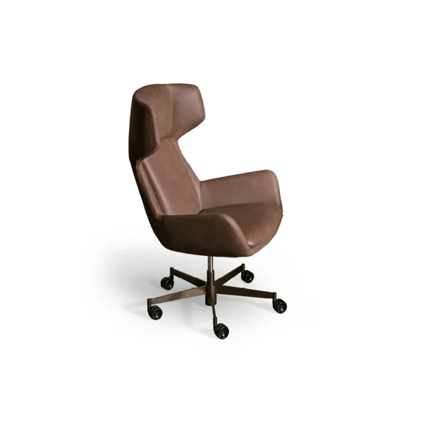 Bonaldo Newton executive armchair with high backrest and enveloping shell, upholstered in Capri leather, featuring a five-point swivel base with wheels.