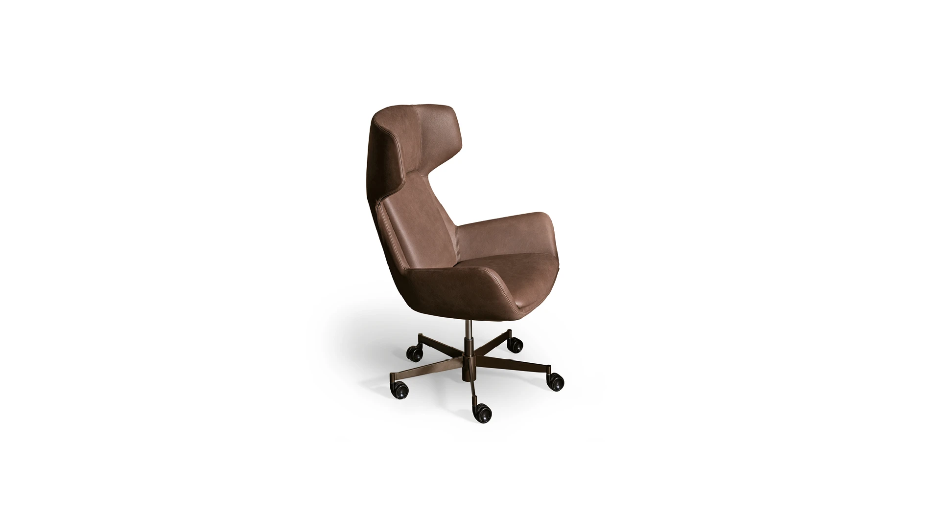 Bonaldo Newton executive armchair with high backrest and enveloping shell, upholstered in Capri leather, featuring a five-point swivel base with wheels.