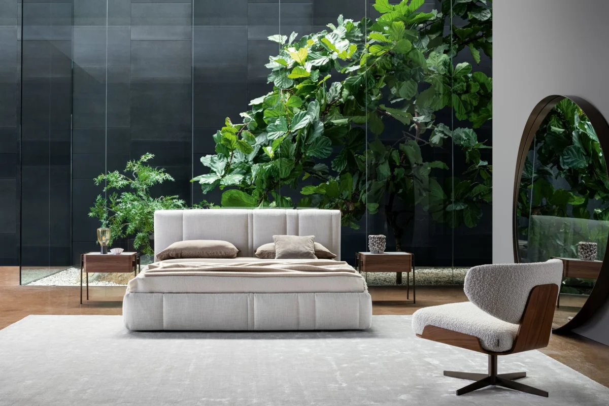 Bonaldo Rigoletto bed in King size, with illusionary headboard design and removable fabric covers.
