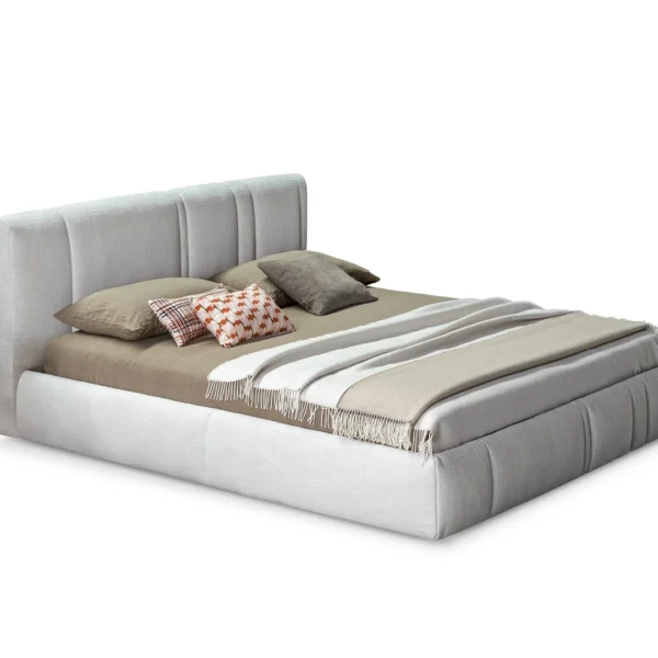 Bonaldo Rigoletto upholstered bed by Paolo Grasselli with geometric headboard and removable fabric covers.