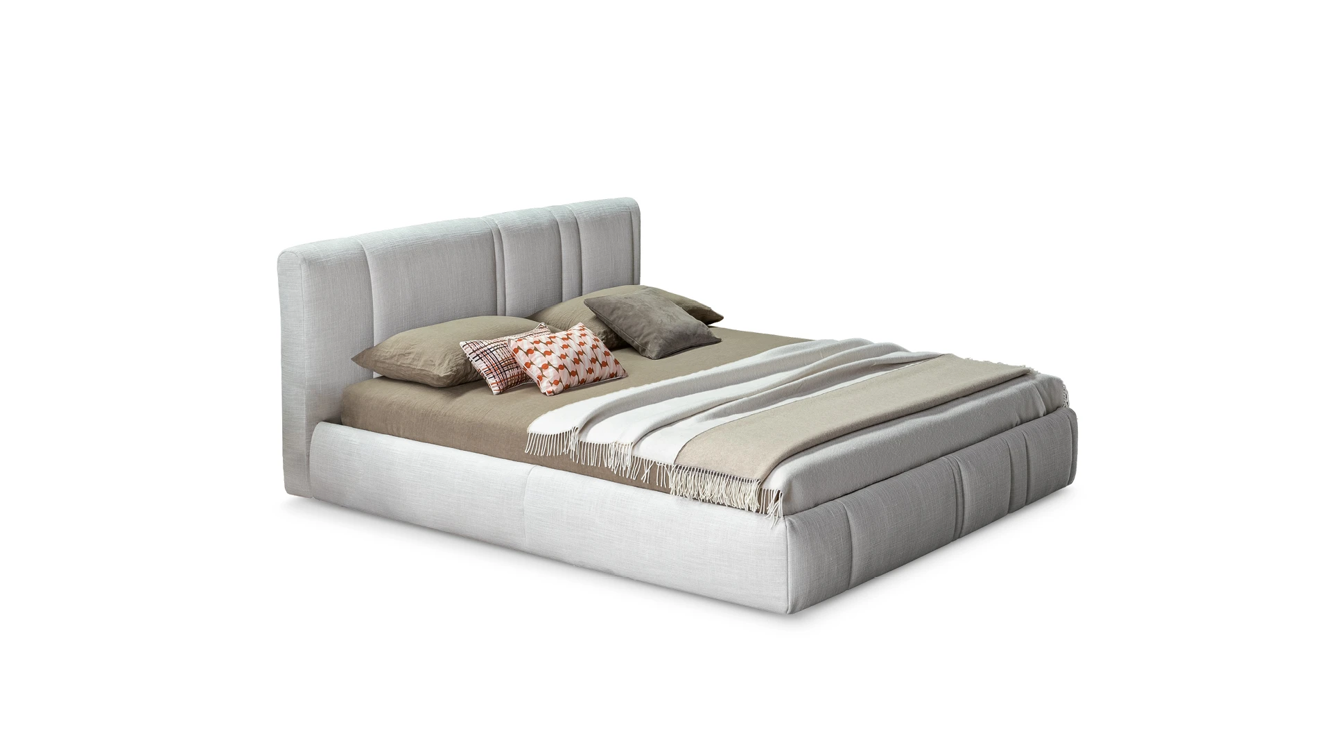 Bonaldo Rigoletto upholstered bed by Paolo Grasselli with geometric headboard and removable fabric covers.
