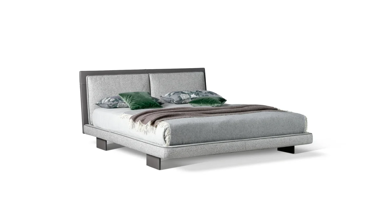 Bonaldo Tara upholstered bed with dual padded fabric cushions headboard framed in Capri leather and clean geometric form