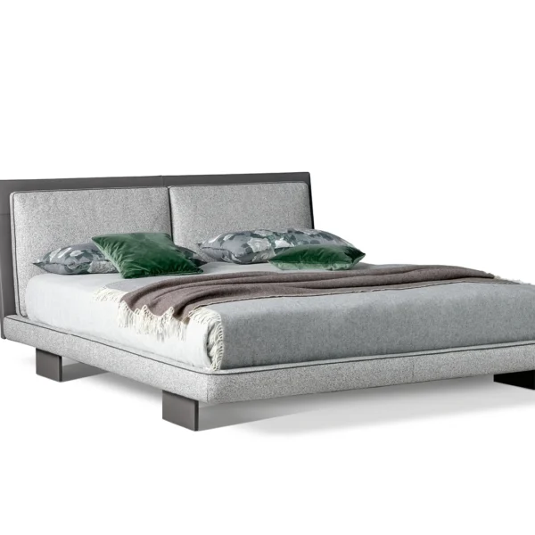 Bonaldo Tara upholstered bed with dual padded fabric cushions headboard framed in Capri leather and clean geometric form