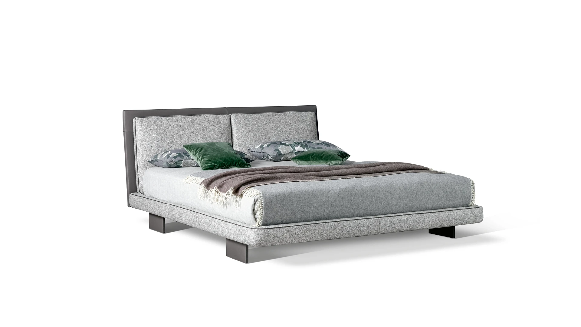 Bonaldo Tara upholstered bed with dual padded fabric cushions headboard framed in Capri leather and clean geometric form