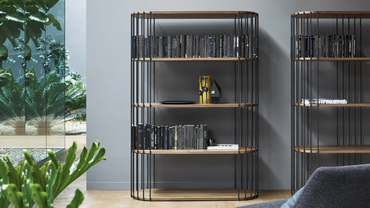 Arpa by Bonaldo open shelving unit with sleek painted steel frame and veneered wood shelves—ideal for modern interiors.