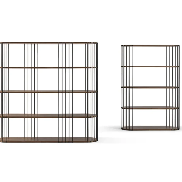 Bonaldo Arpa open freestanding bookcase with perimeter metal uprights in matte finish and uninterrupted wood shelves with rounded ends.