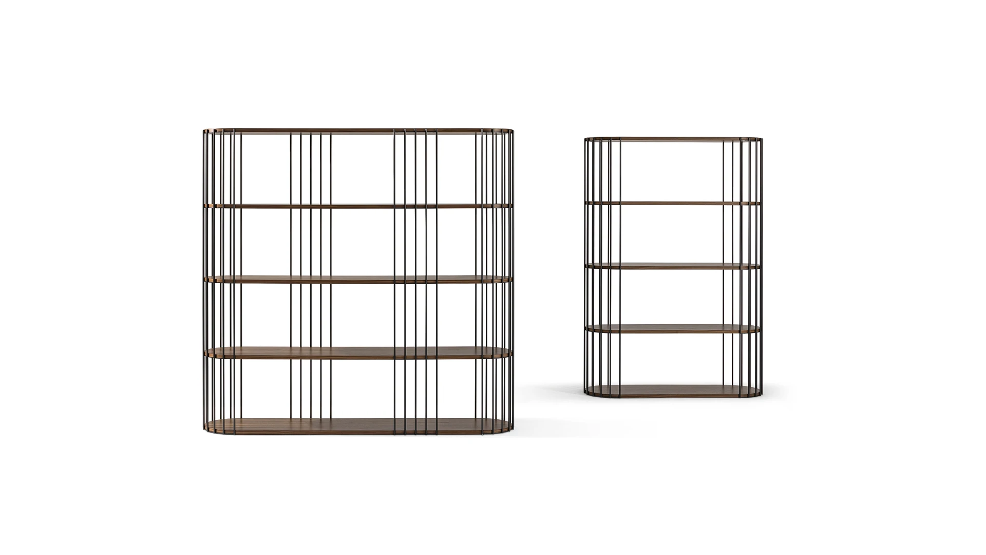 Bonaldo Arpa open freestanding bookcase with perimeter metal uprights in matte finish and uninterrupted wood shelves with rounded ends.