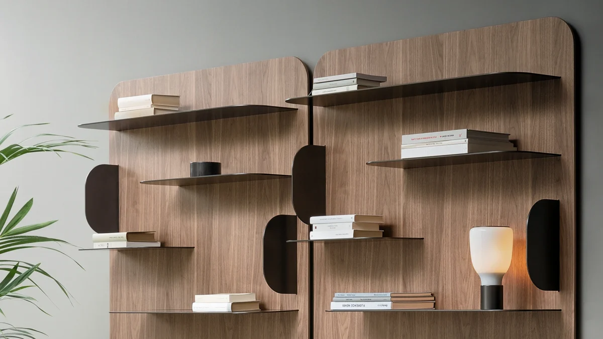 Blabla Bookcase by Bonaldo featuring a Canaletto walnut structure and metal shelves in multiple finishes, ideal for contemporary interiors.