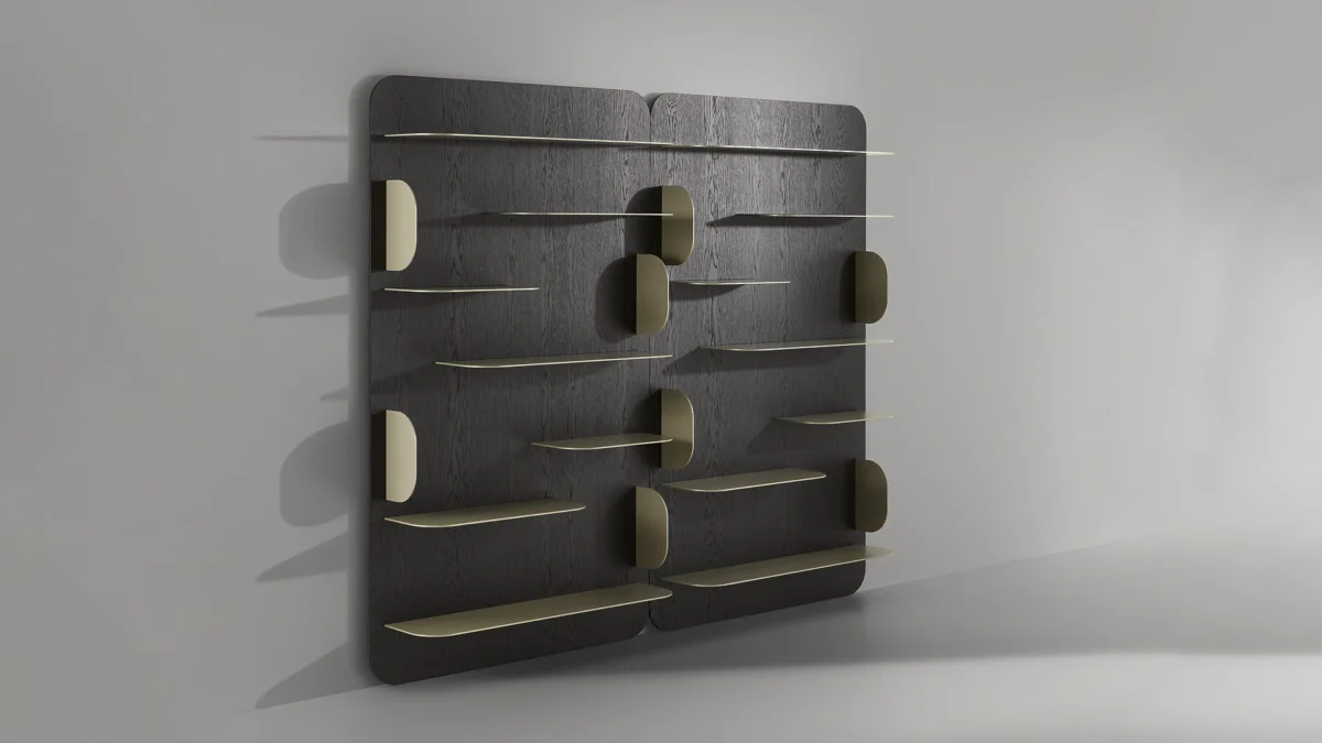 Italian-made Blabla bookshelf with a thick wood panel and slender metal shelves, offering a modern aesthetic with functional design.