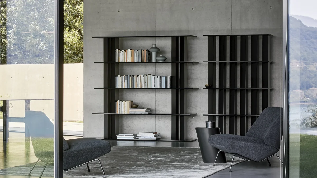 Modern Dogma bookcase by Alain Gilles: tear‑drop shaped supports shift perception from soft to angular based on viewing angle