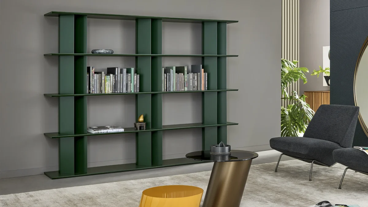 Bonaldo Dogma floating-design shelving—wood veneer shelves with painted-metal uprights, combines modularity and architectural form