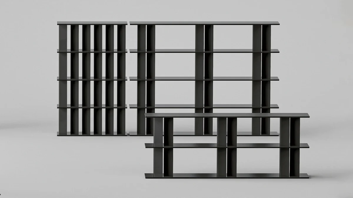 Bonaldo Dogma open bookshelf with three upright module densities—compact, regular, wide—for flexible visual compositions