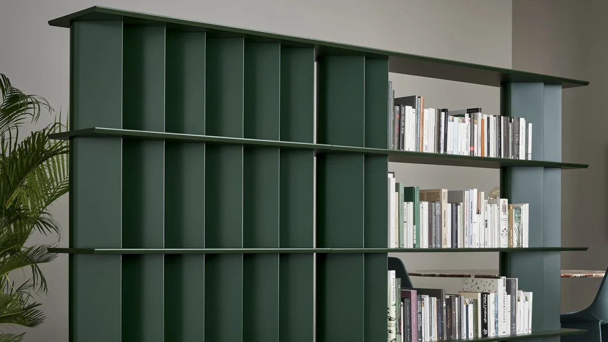Dogma partition shelving by Bonaldo, designed to work as room divider or wall-mounted unit in lacquered or two-tone finishes