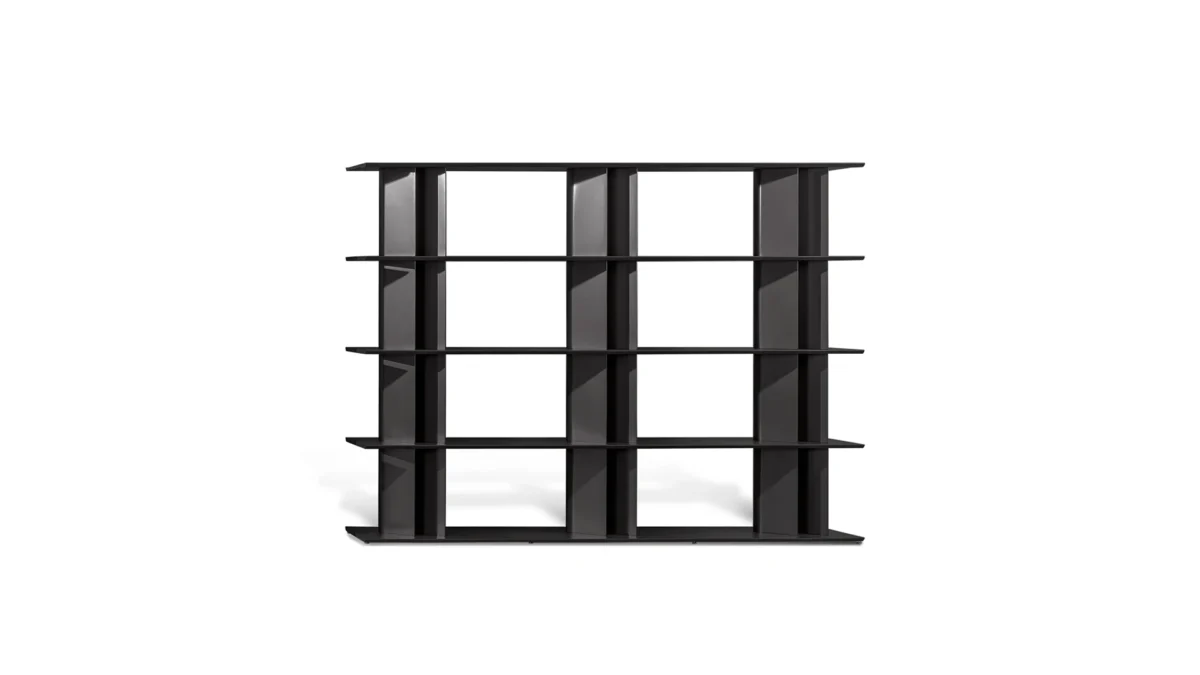 Bonaldo Dogma modular bookcase with tear-drop metal uprights and wood veneer shelves, designed by Alain Gilles