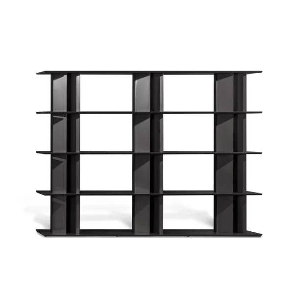 Bonaldo Dogma modular bookcase with tear-drop metal uprights and wood veneer shelves, designed by Alain Gilles
