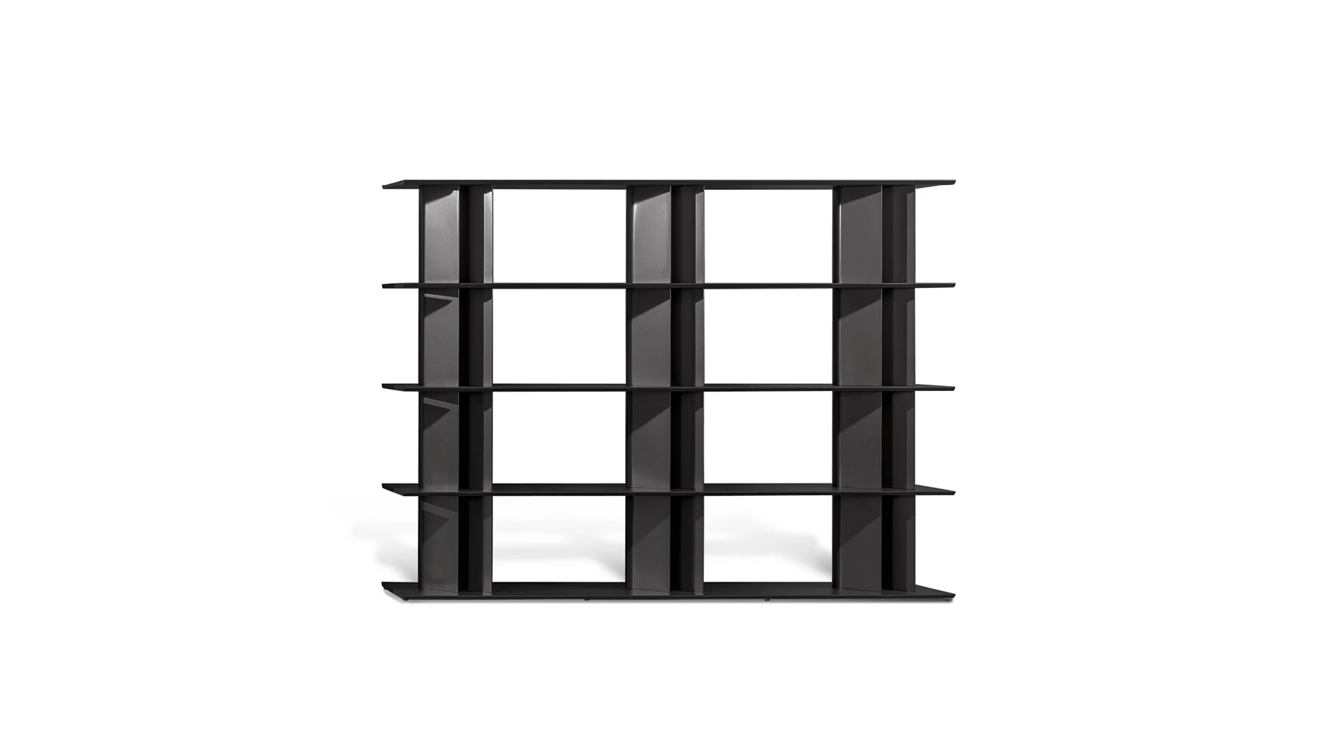 Bonaldo Dogma modular bookcase with tear-drop metal uprights and wood veneer shelves, designed by Alain Gilles