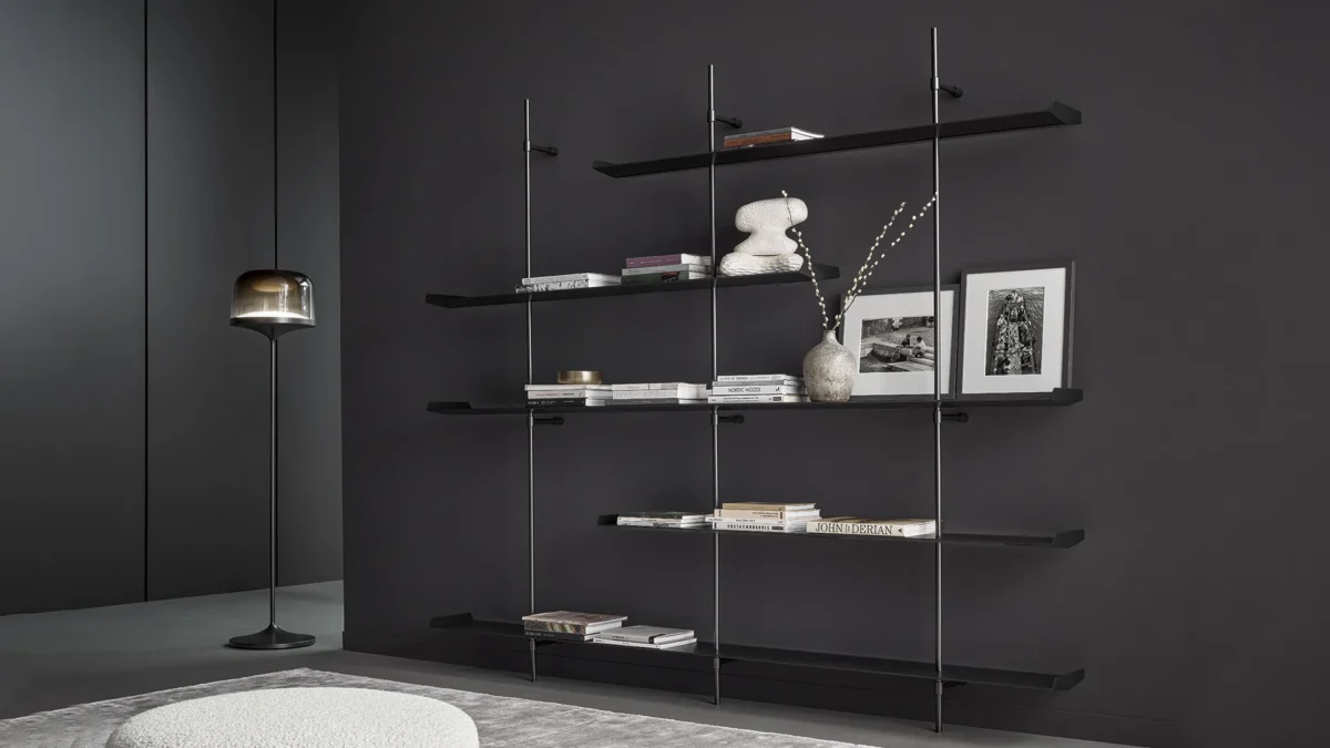 Sculptural Twigs shelving from Bonaldo in matte metal and wood, supporting up to 10 kg per shelf