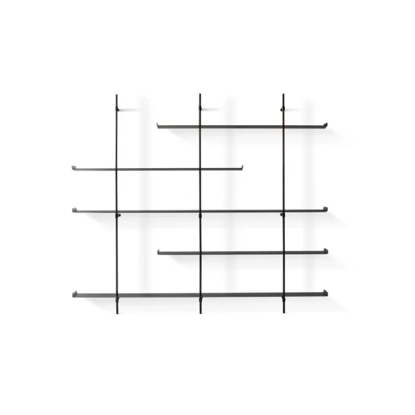 Bonaldo Foil open wall-mounted bookcase by Maurizio & Silvia Varsi featuring slim aluminium shelves and vertical uprights in matte lead metal finish