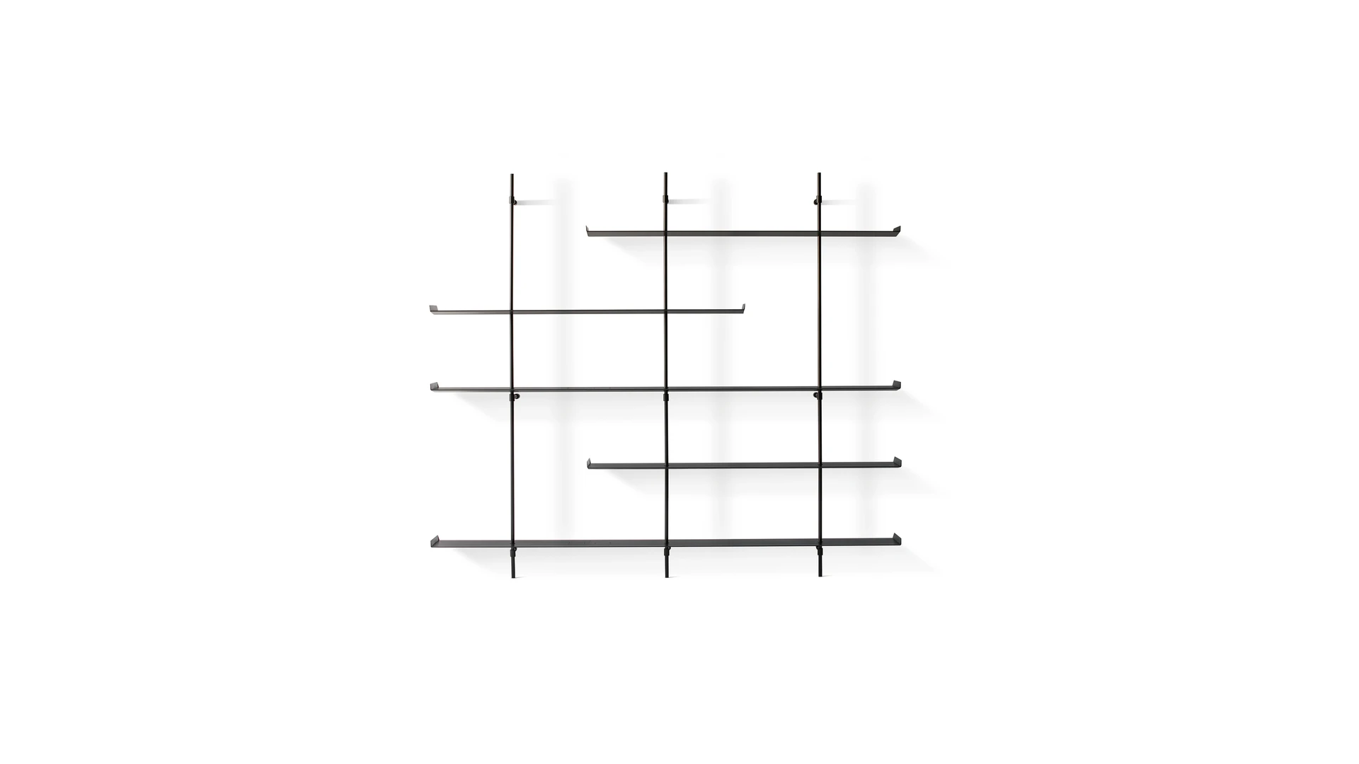 Bonaldo Foil open wall-mounted bookcase by Maurizio & Silvia Varsi featuring slim aluminium shelves and vertical uprights in matte lead metal finish
