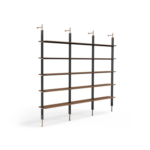 Roll Bookcase by Bonaldo featuring modular metal tube supports with matte lead finish and Canaletto walnut shelves, designed by Archirivolto.