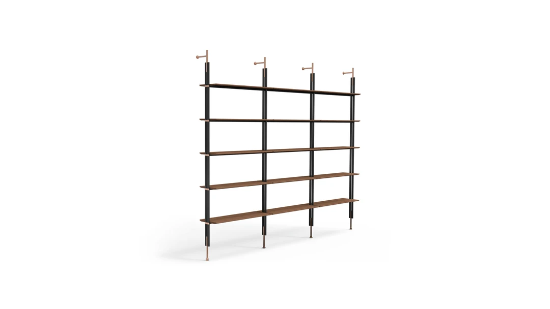 Roll Bookcase by Bonaldo featuring modular metal tube supports with matte lead finish and Canaletto walnut shelves, designed by Archirivolto.
