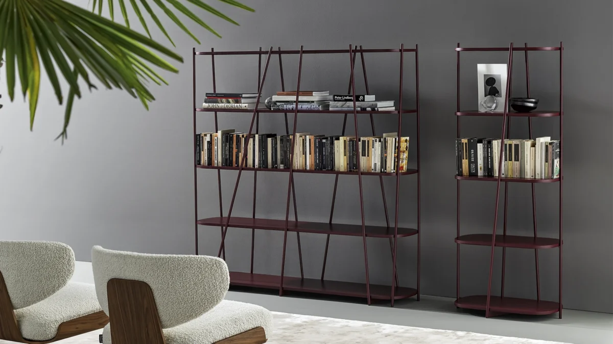 Contemporary Twigs shelving system by Bonaldo, with asymmetrical metal uprights and linear lacquered wood shelving