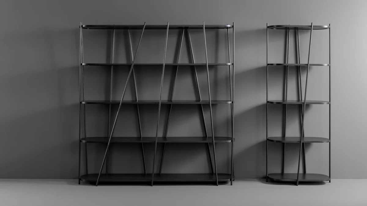 Elegant Twigs open bookcase by Bonaldo with thin tubular structure and orderly horizontal shelving in lacquered wood