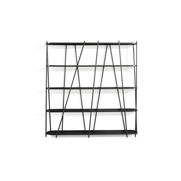 Bonaldo Twigs open freestanding metal bookcase with irregular inclined tube supports and matte‑lacquered wood shelves
