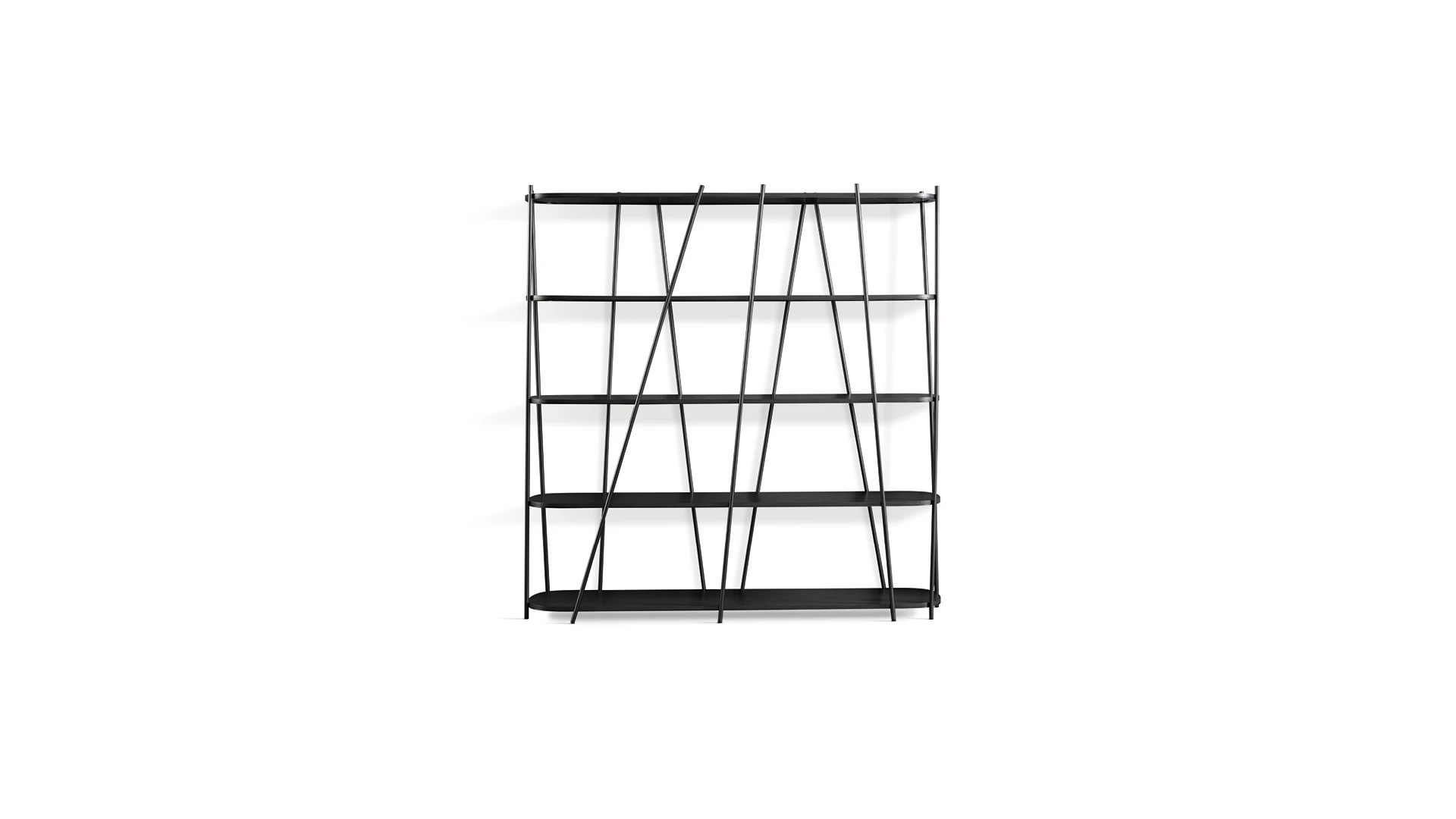 Bonaldo Twigs open freestanding metal bookcase with irregular inclined tube supports and matte‑lacquered wood shelves