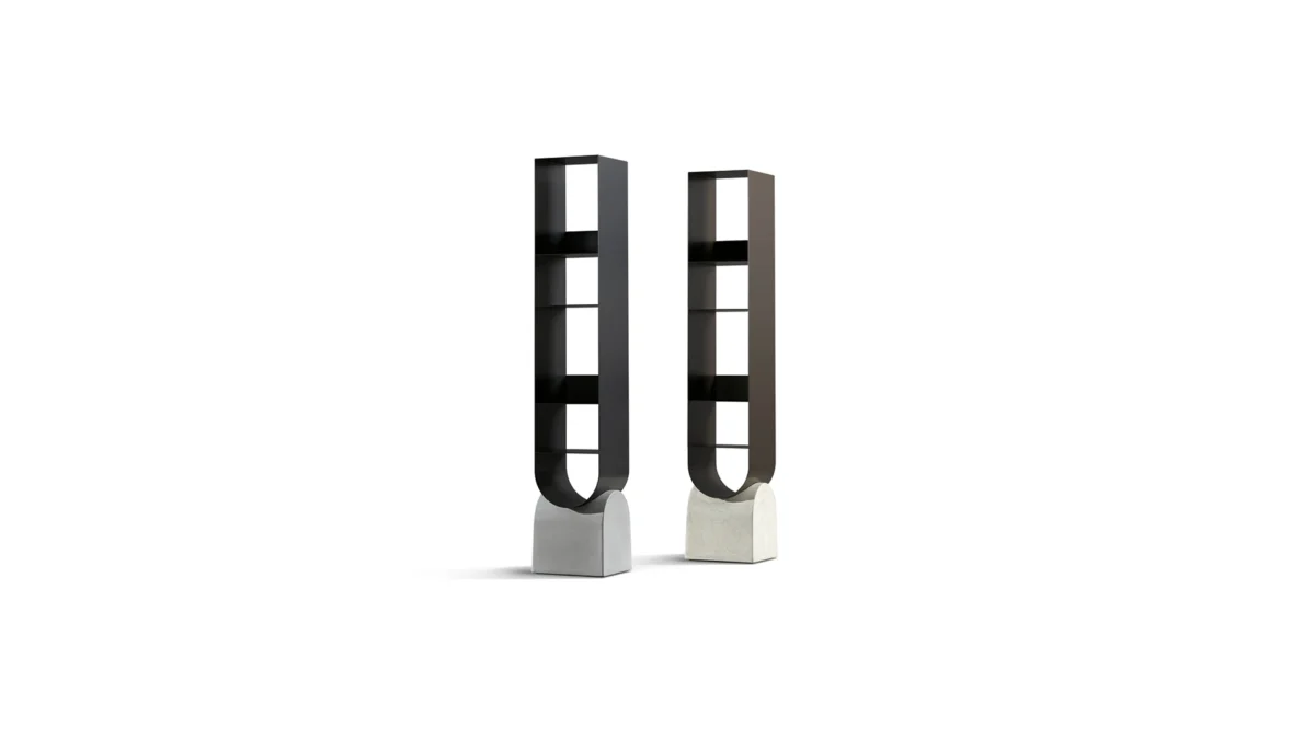 Bonaldo Vague Bookshelf with a concrete base and metal frame, available in various finishes including white, black, and lead, ideal for modern interiors.