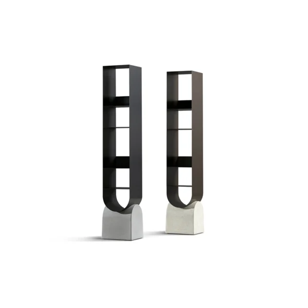 Bonaldo Vague Bookshelf featuring a sculptural concrete base and vertical metal frame with staggered shelves, designed by Roberto Paoli.