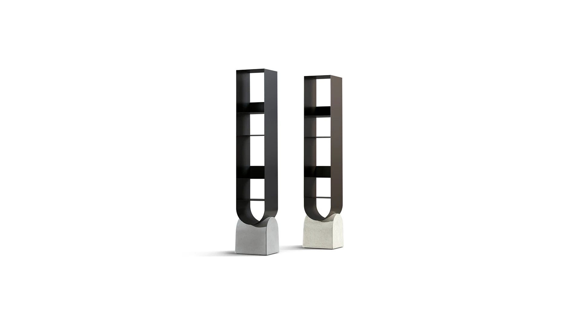 Bonaldo Vague Bookshelf featuring a sculptural concrete base and vertical metal frame with staggered shelves, designed by Roberto Paoli.