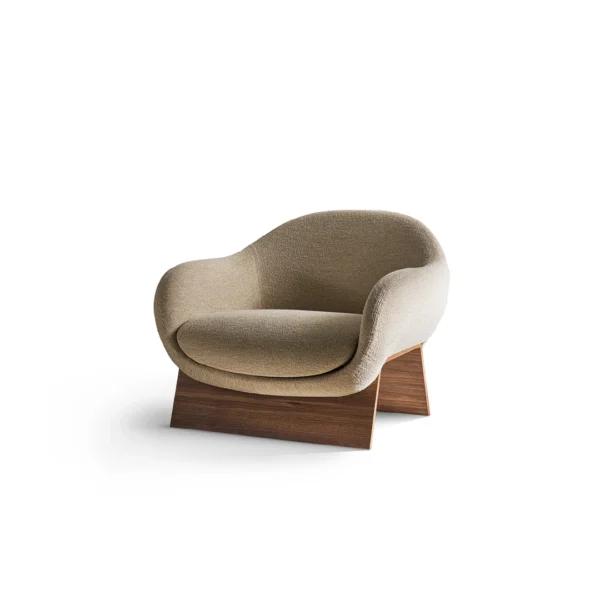 Bonaldo Boolean armchair in cream boucle fabric with enveloping curved shell and walnut bridge‑style wooden base
