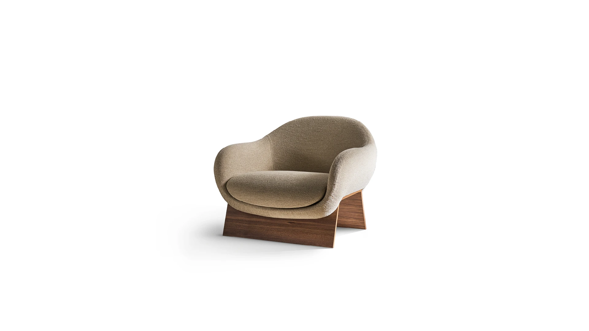 Bonaldo Boolean armchair in cream boucle fabric with enveloping curved shell and walnut bridge‑style wooden base