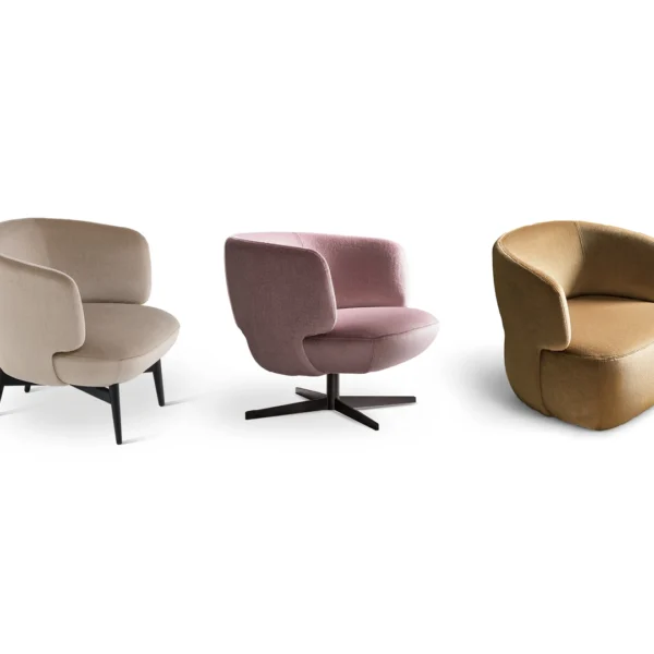 Bonaldo Doge armchair in cream boucle upholstery with enveloping flared shell and solid wood four‑leg base