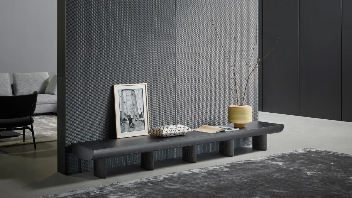 Bonaldo Sculptural low console for living room, semi-circular wooden element on five aligned leg columns with cable slot