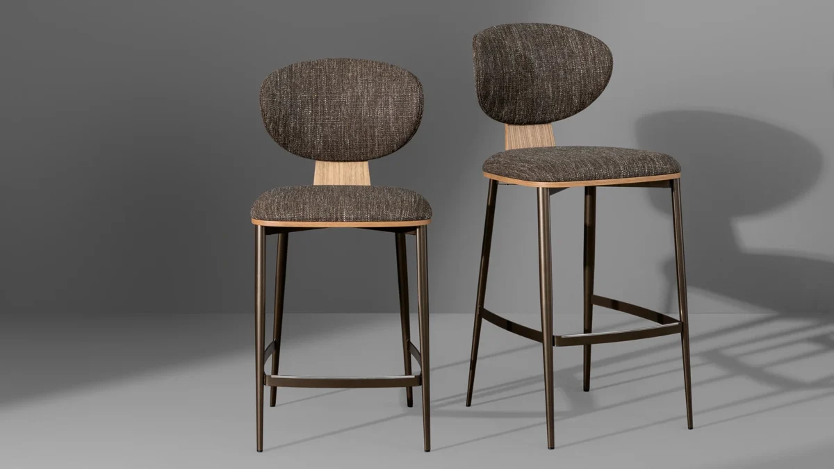 Elegant Olos Too adjustable swivel stool from Bonaldo with wood veneer shell, upholstered seat and lead‑finish pedestal support