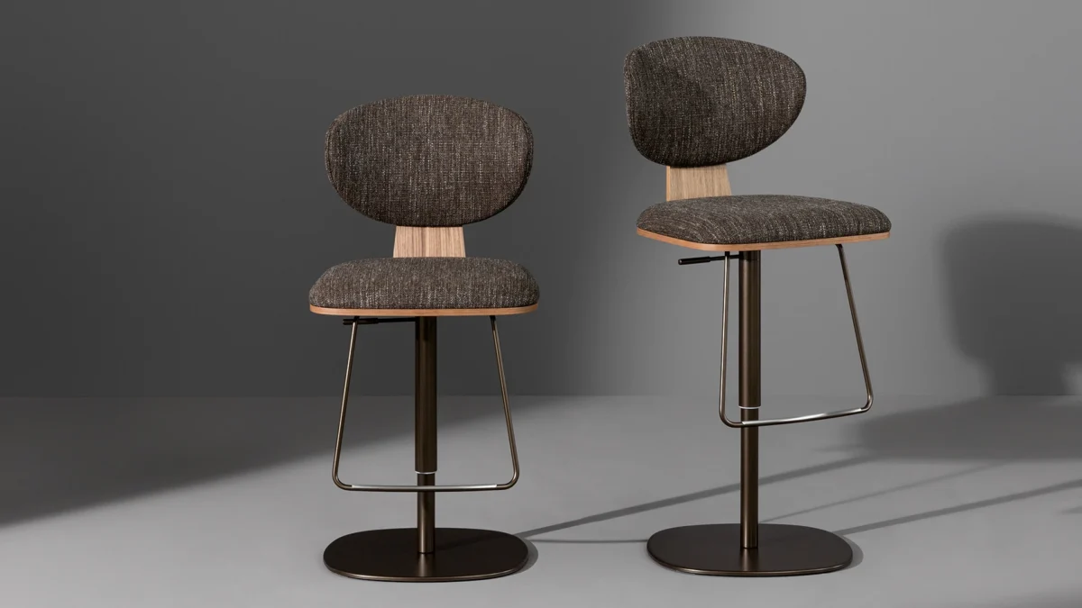 Contemporary Olos Too swivel stool by Bonaldo: curved wood shell veneered in Canaletto walnut, padded seat in fabric or leather, metal base