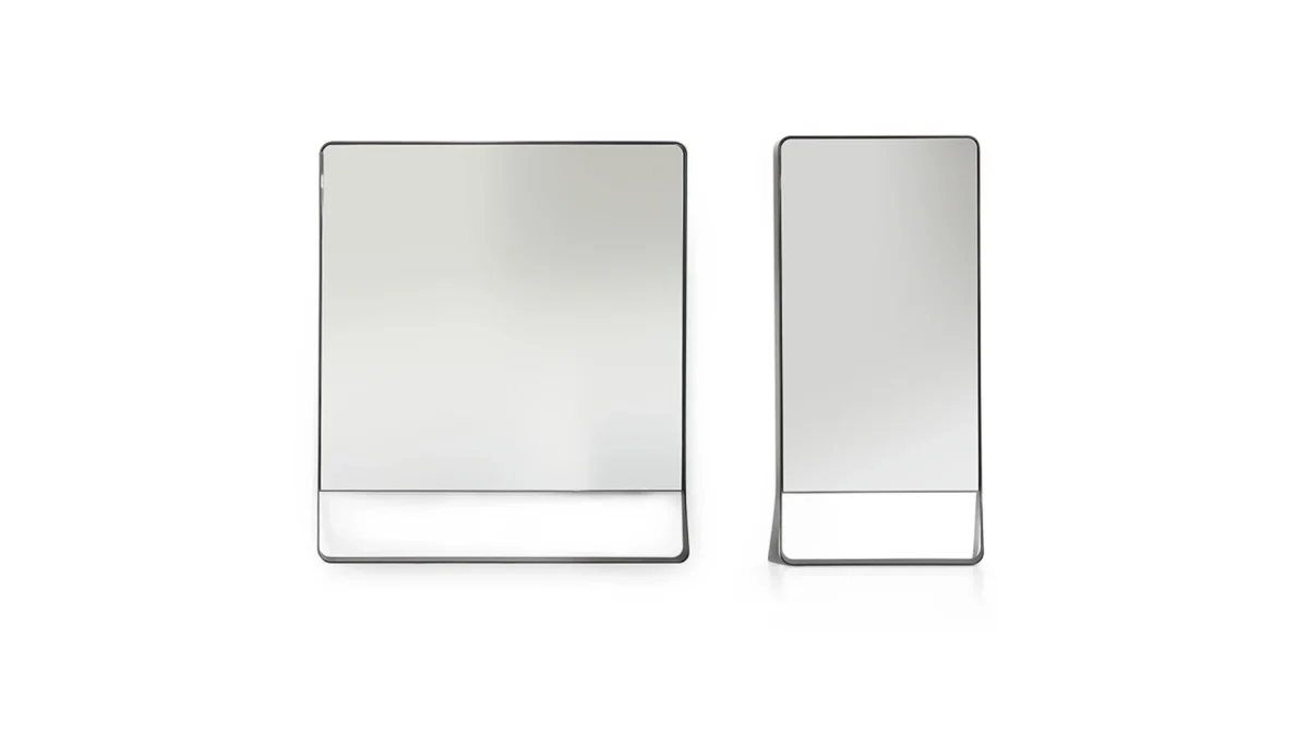 Bonaldo Narciso floor mirror with slim rounded-corner rectangular profile in anthracite metal, widening base support