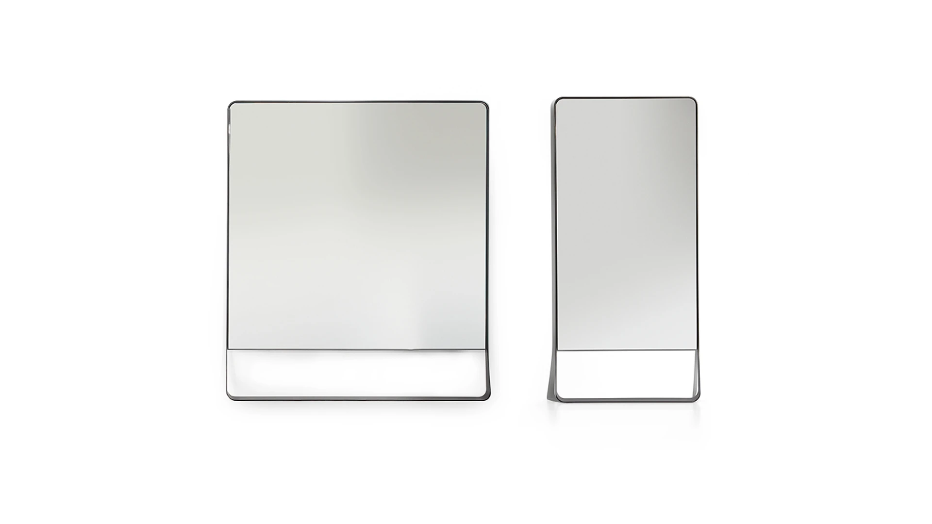 Bonaldo Narciso floor mirror with slim rounded-corner rectangular profile in anthracite metal, widening base support