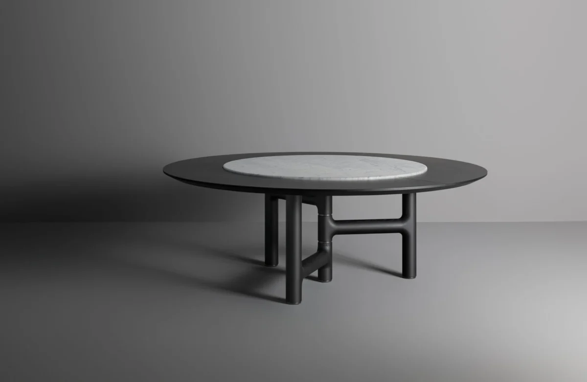 Pivot ST dining table from Bonaldo, Ø 180 cm, enamelled ceramic swivel plate, asymmetrical solid wood base in walnut or oak.