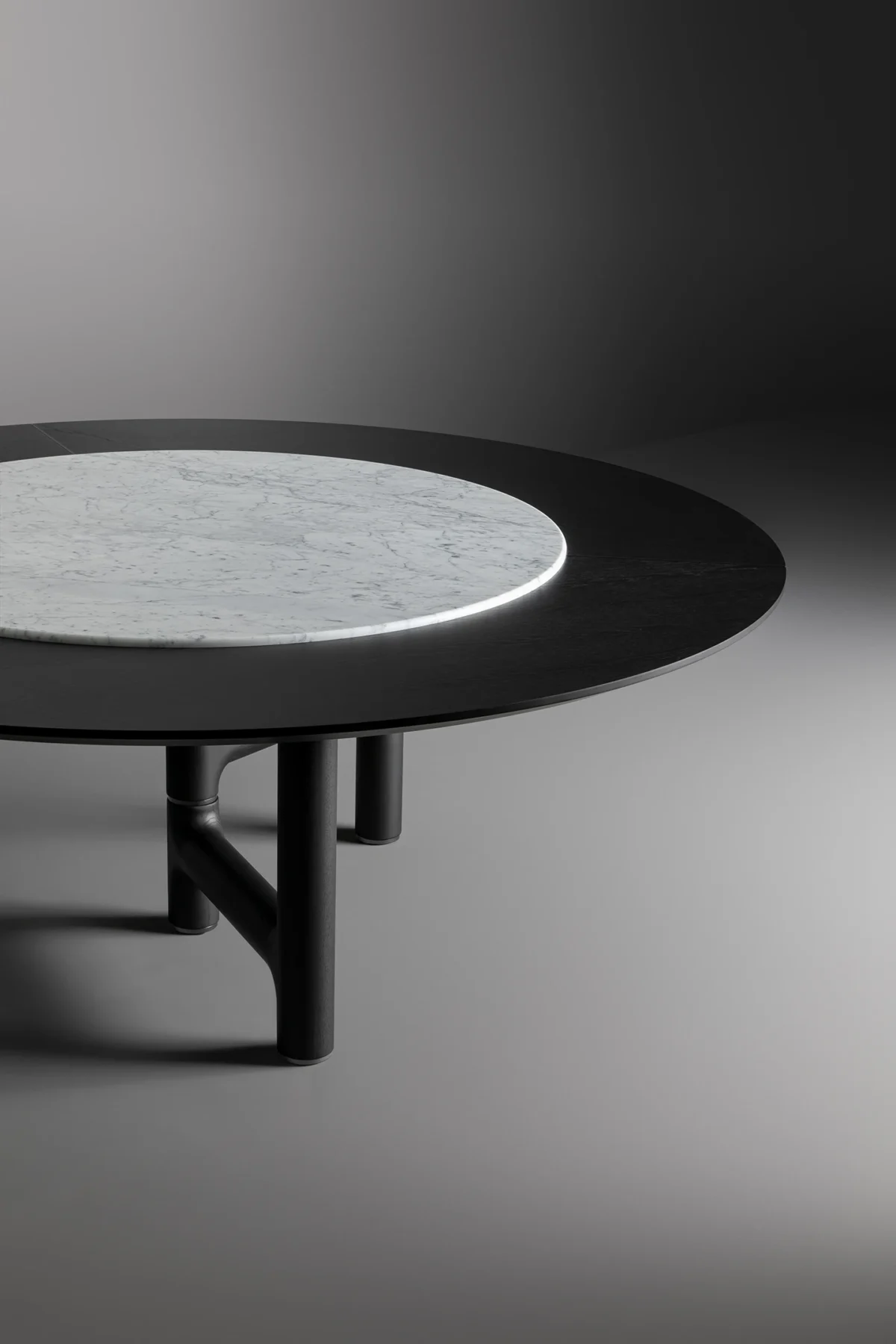 Luxury Bonaldo Pivot ST table with built-in rotating centerpiece, materials include polished Imperial Gray or Ardesia ceramic and wood surround.
